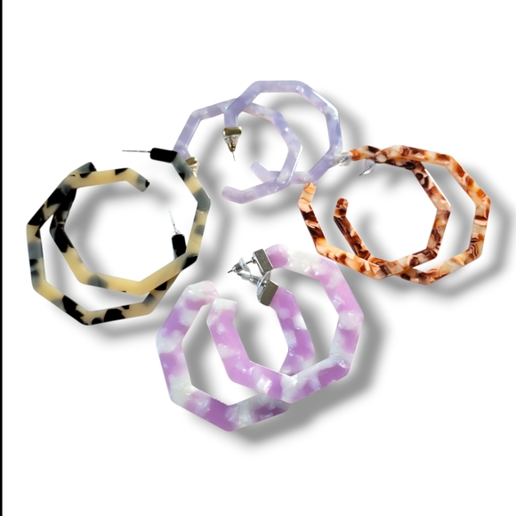 ✨️HP✨️NWOT Various Pretty Hexagonal Open Hoop Resin Earrings [Lot of 4] - Picture 1 of 10